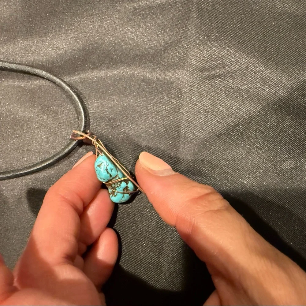 Artisan Copper Wire Wrapped Natural Turquoise Pendant with Leather Cord